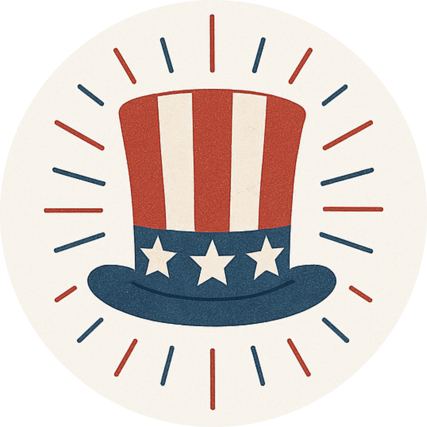 Zylinder im Uncle-Sam-Stil mit roten Sternenstrahlen – schlichtes Symbol für den 4. Juli.
