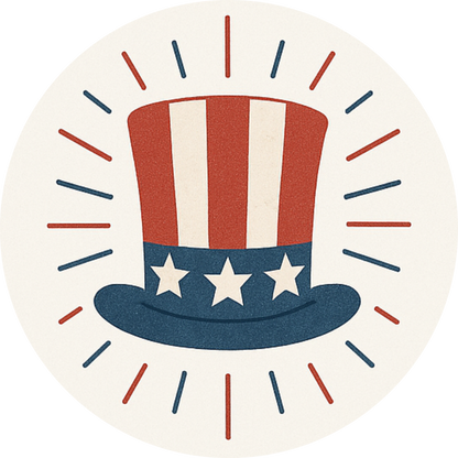Zylinder im Uncle-Sam-Stil mit roten Sternenstrahlen – schlichtes Symbol für den 4. Juli.
