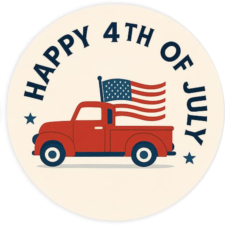 Roter Pick-Up mit „Happy 4th of July“-Banner – charmantes Motiv für Kinder und Familien.
