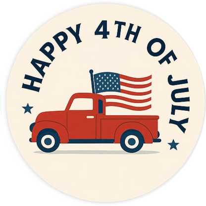 Roter Pick-Up mit „Happy 4th of July“-Banner – charmantes Motiv für Kinder und Familien.
