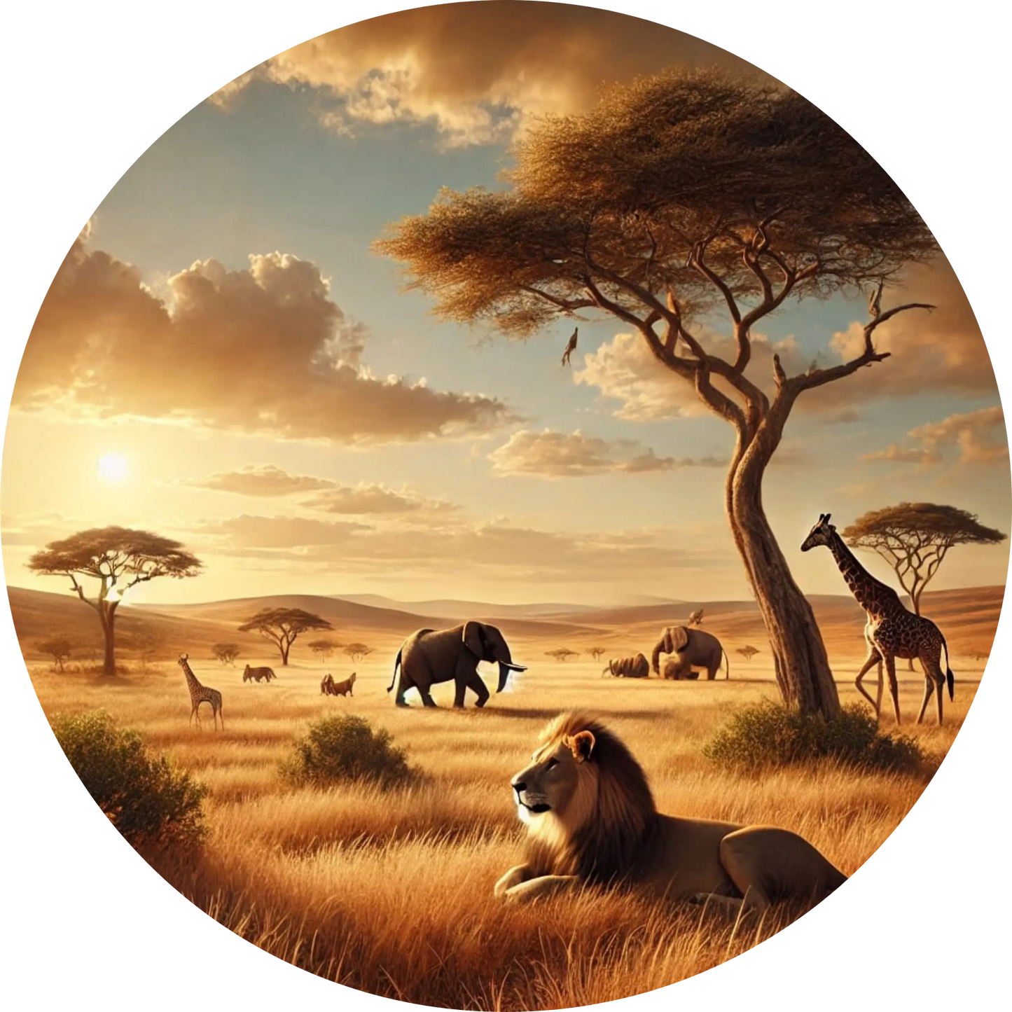 Weite Steppe mit Akazienbäumen, Elefanten, Giraffen und friedlicher Lichtstimmung in der Abendsonne.