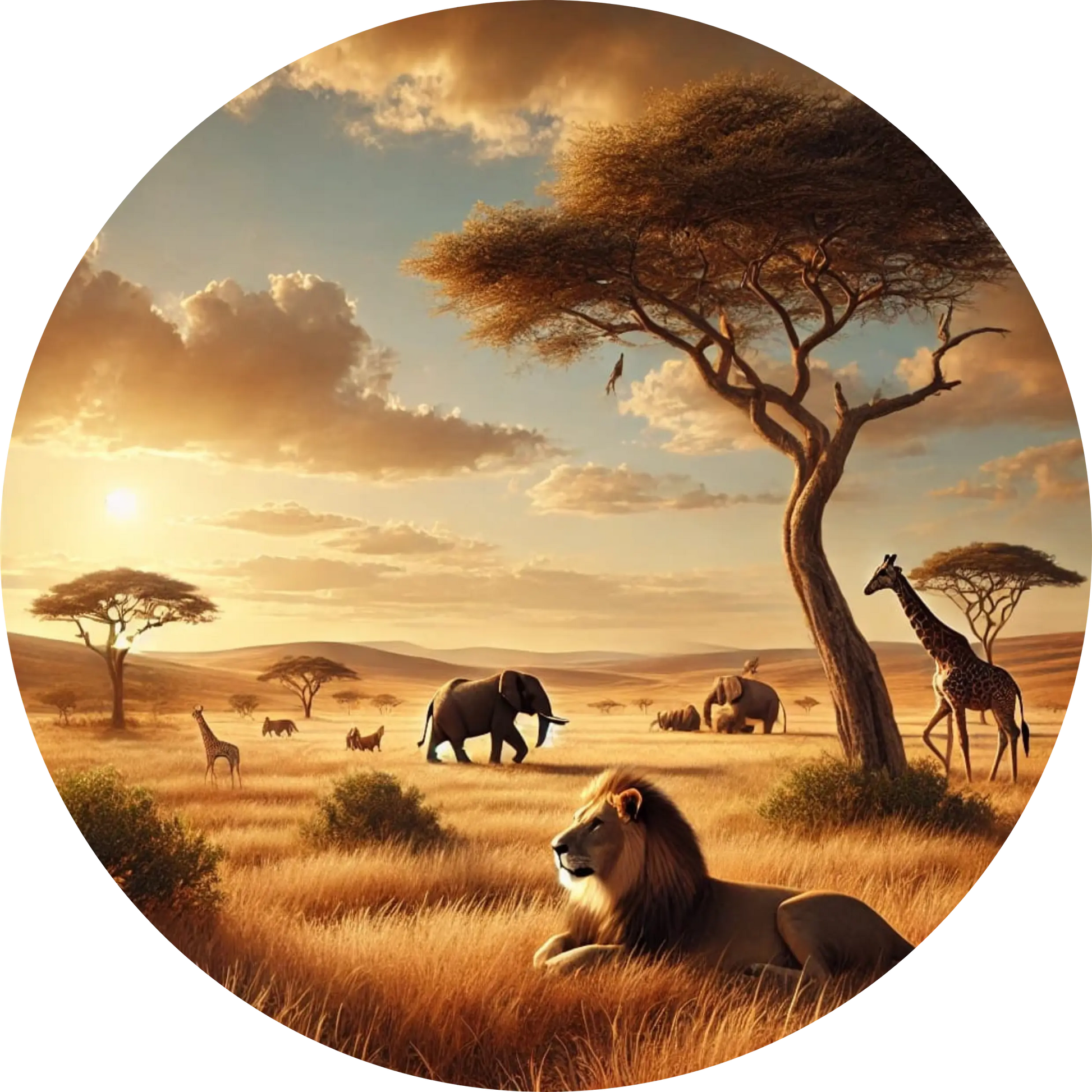 Weite Steppe mit Akazienbäumen, Elefanten, Giraffen und friedlicher Lichtstimmung in der Abendsonne.