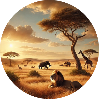 Weite Steppe mit Akazienbäumen, Elefanten, Giraffen und friedlicher Lichtstimmung in der Abendsonne.