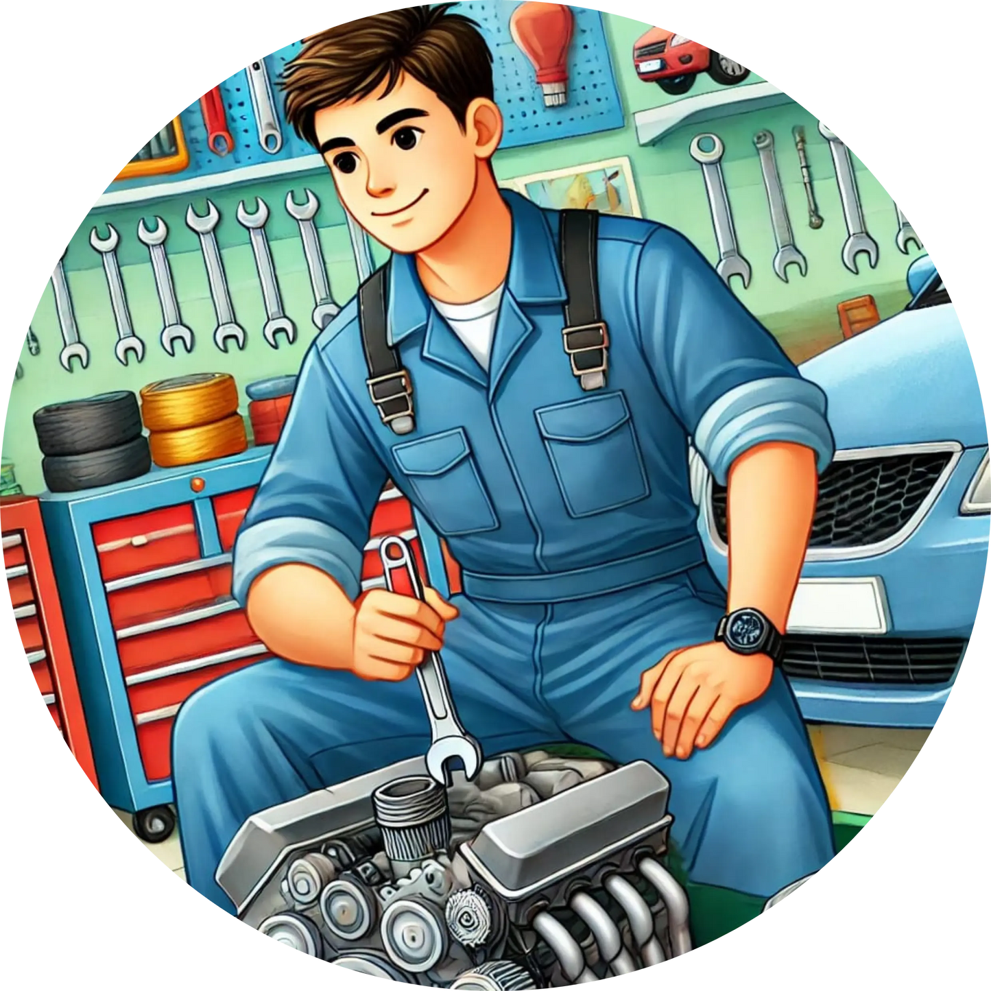 Ein Automechaniker mit Werkzeug in der Hand überprüft einen Motor – Garagenkulisse mit Werkstattregalen im Hintergrund.