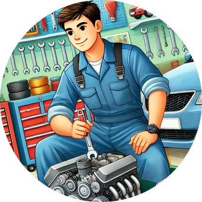 Ein Automechaniker mit Werkzeug in der Hand überprüft einen Motor – Garagenkulisse mit Werkstattregalen im Hintergrund.