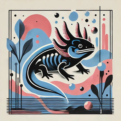 Axolotl im grafischen Pop-Art-Stil mit rosa-blauen Akzenten auf Beige