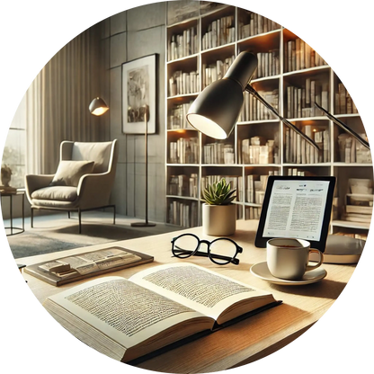 Lesesessel vor Bücherregal mit Leseecke
Warmes Wohnambiente mit Bücherwand, Sessel und Stehlampe – ideal für Leseratten und Buchliebhaber.