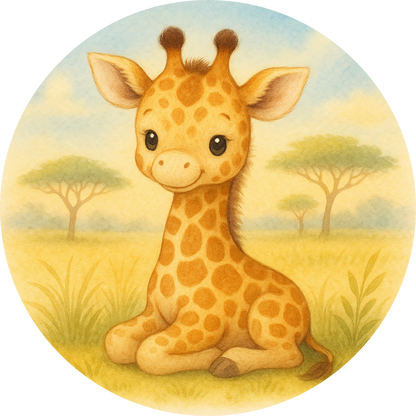 Baby-Giraffe mit großen Augen auf heller Savanne