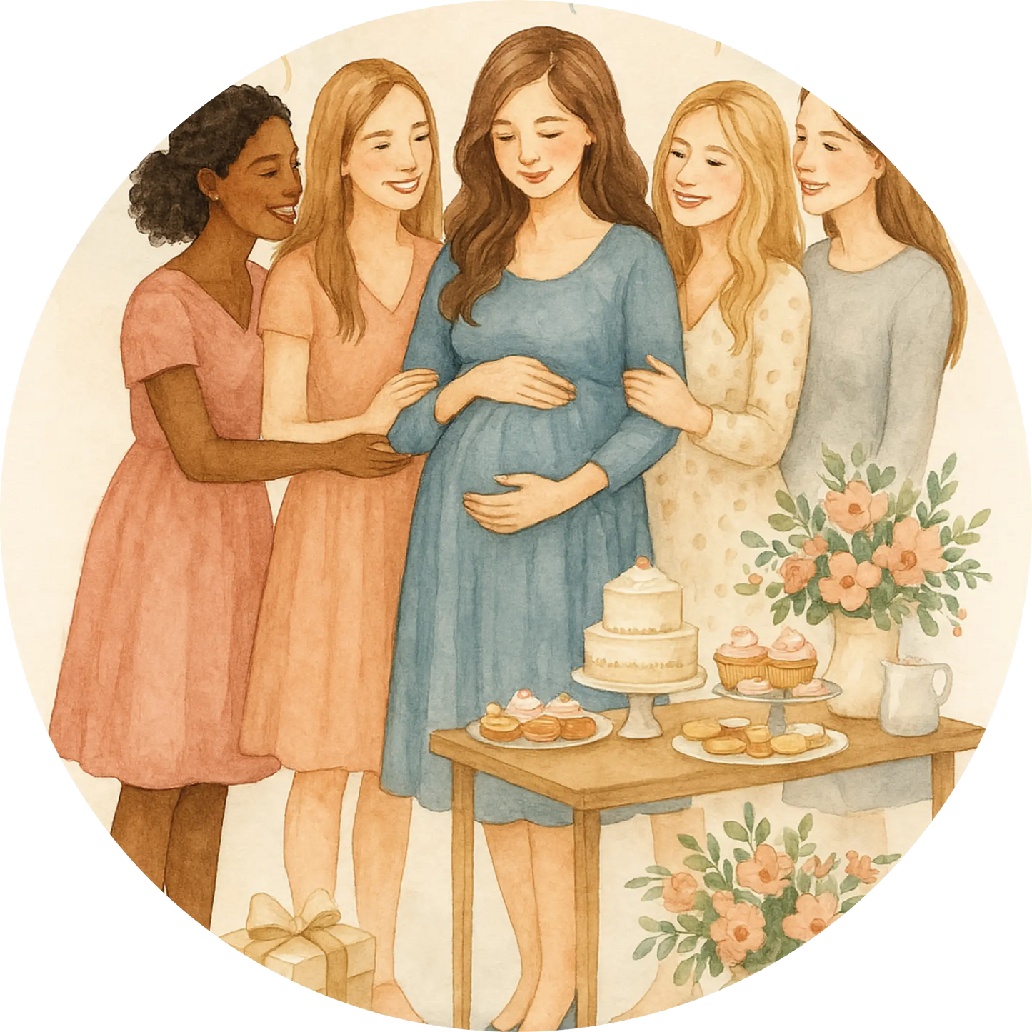  Babyshower-Feier mit Schwangeren im Freundeskreis – fröhliches Gruppenmotiv
