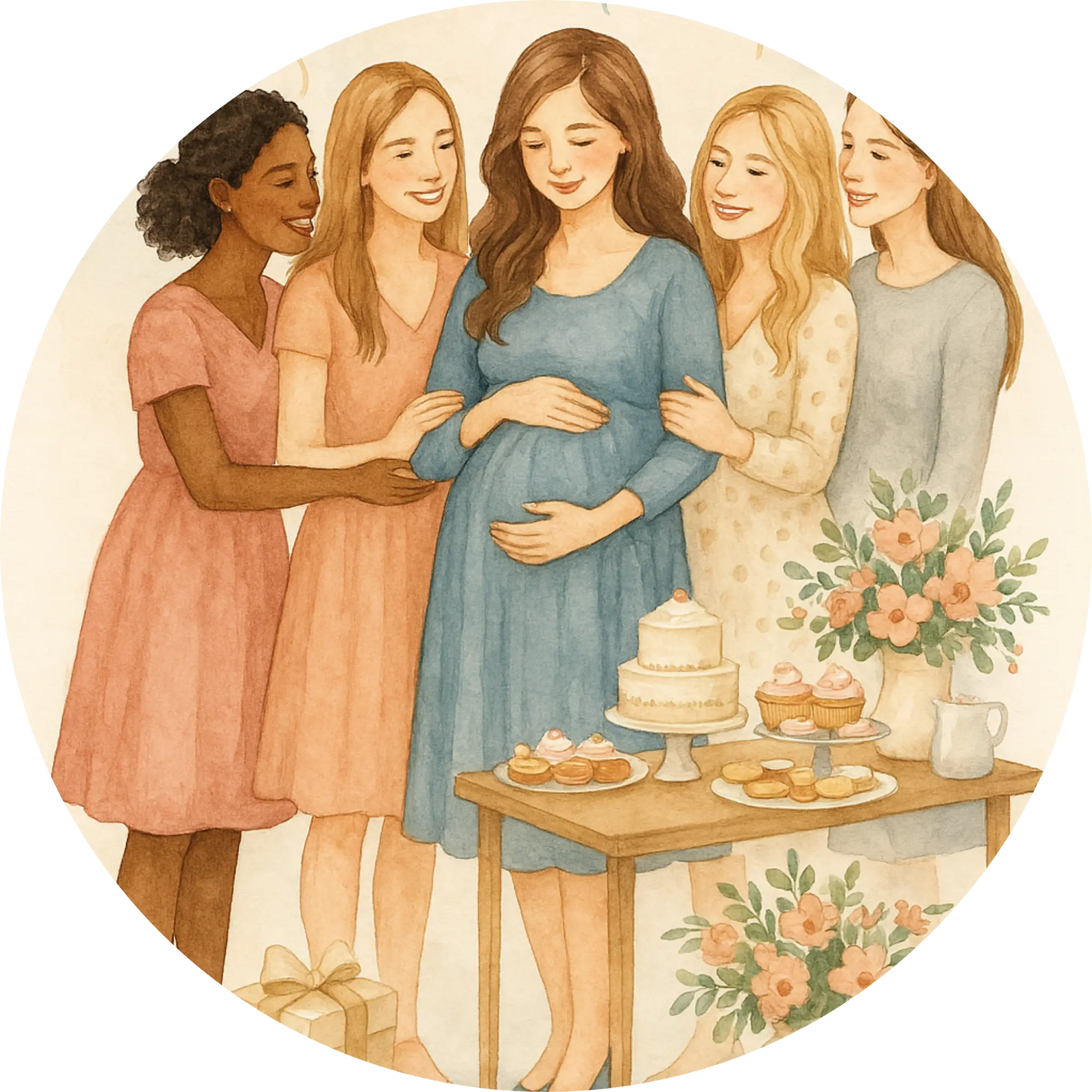  Babyshower-Feier mit Schwangeren im Freundeskreis – fröhliches Gruppenmotiv
