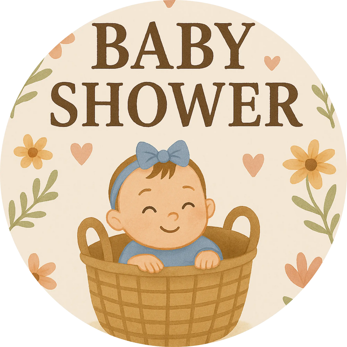 „Baby Shower“ mit Baby im Korb und Blättern – Vintage-inspiriertes Motiv