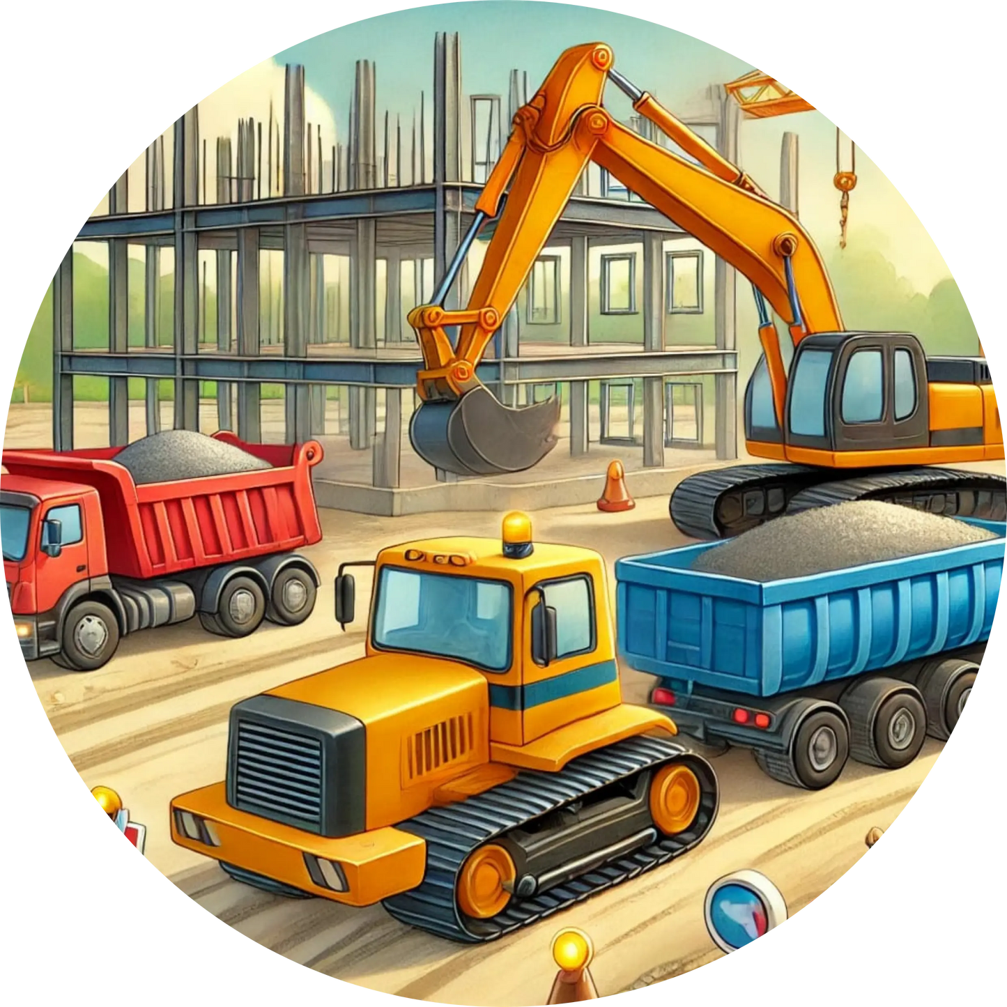 Baustelle mit Bagger und Kipplaster im Einsatz.