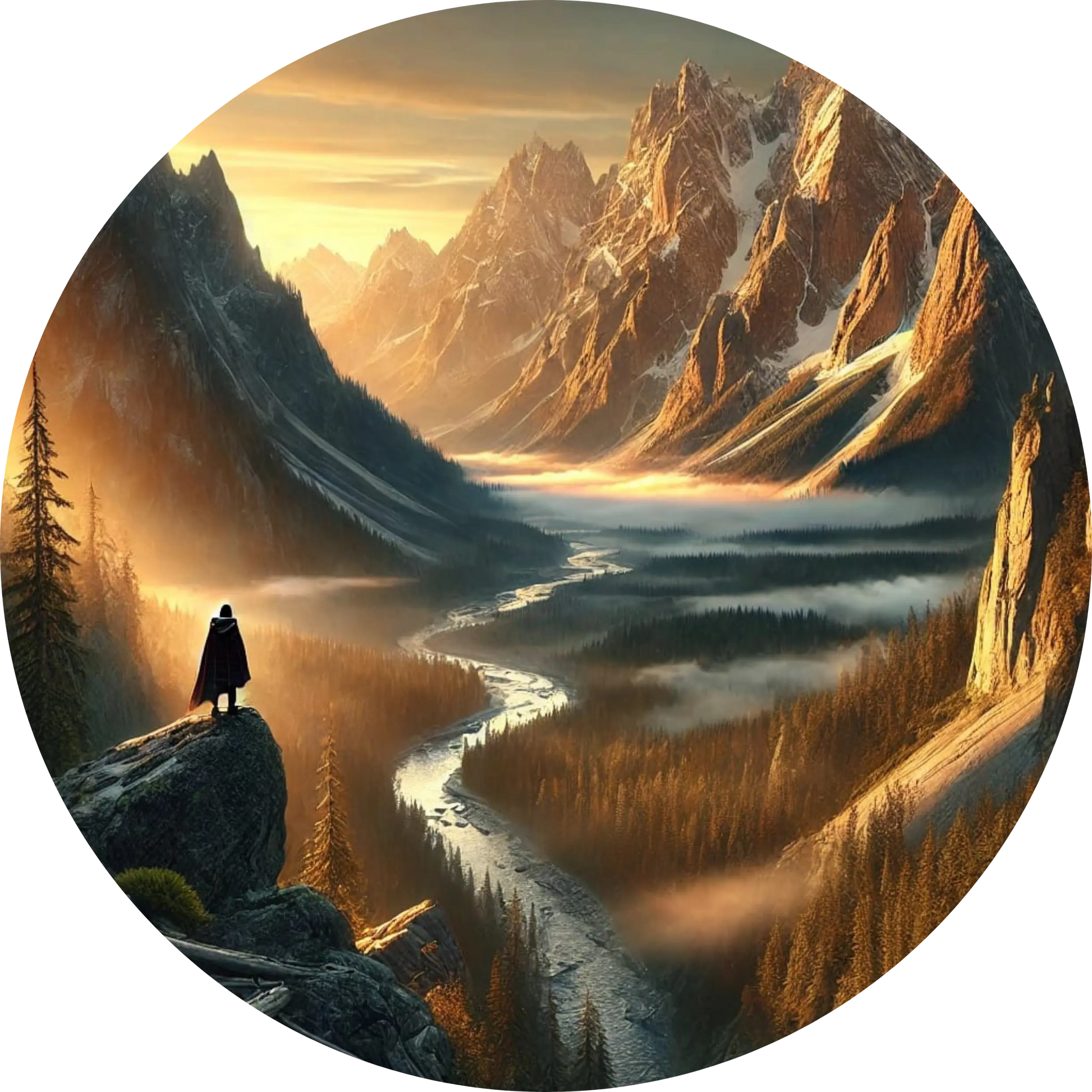 Wanderer steht auf einem Felsen vor einem Tal mit Bergen, Fluss und goldenem Licht.