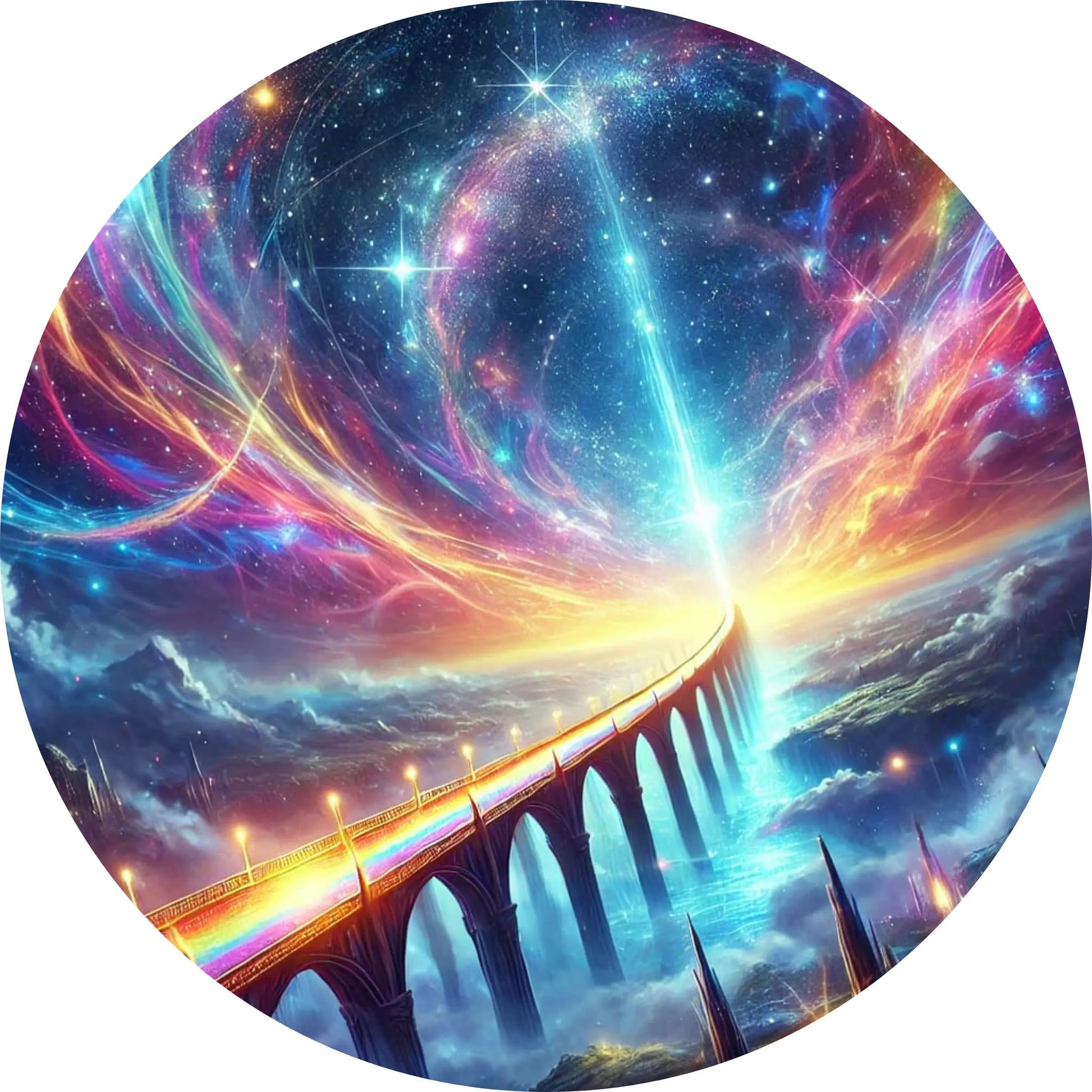 Bifröst – die Regenbogenbrücke zwischen Midgard und Asgard, eingebettet in ein farbenprächtiges Himmelsphänomen.