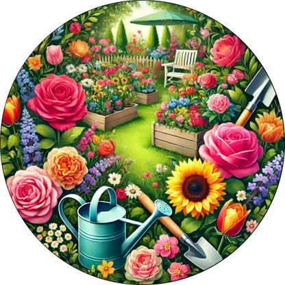 Blühendes Blumenbeet mit Gartengeräten
Farbenfrohes Blumenbeet mit Rosen, Sonnenblumen und Gartenwerkzeug – sommerlich und fröhlich für Floristik- oder Gartenfans.