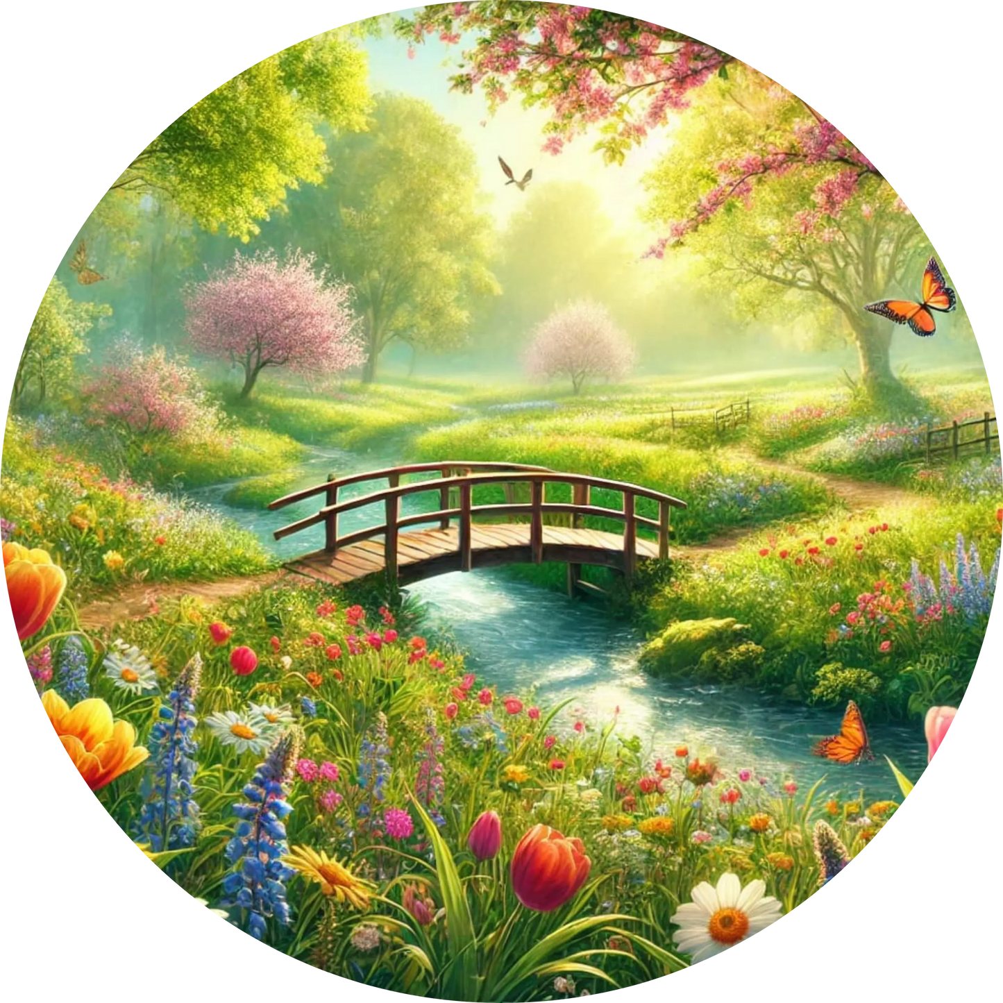 Frühlingshafter Garten mit Blumenwiese, Kirschblütenbäumen und rotem Brückchen über einem Bach.