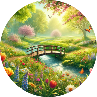 Frühlingshafter Garten mit Blumenwiese, Kirschblütenbäumen und rotem Brückchen über einem Bach.