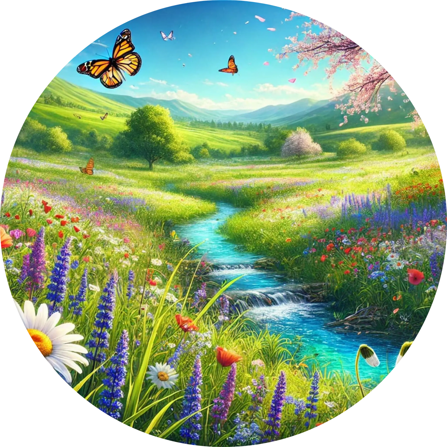 Blumenwiese mit Schmetterlingen, bunten Blüten und leuchtend grünem Flusslauf unter blauem Himmel.