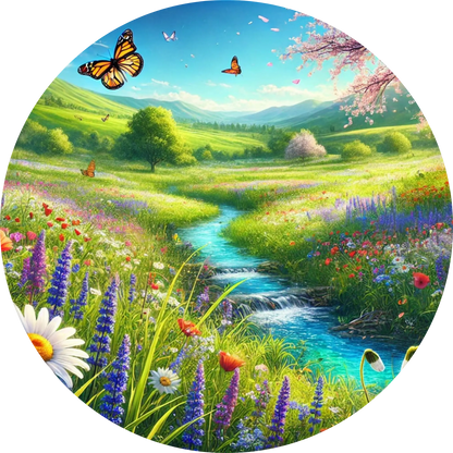 Blumenwiese mit Schmetterlingen, bunten Blüten und leuchtend grünem Flusslauf unter blauem Himmel.