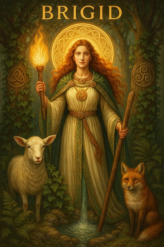 Brigid mit Fackel, Schaf und Fuchs: Mystische Göttin Brigid mit Fackel, Schaf und Fuchs – keltisches Motiv mit spiritueller Symbolik.