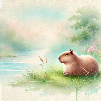 Capybara im nebeligen Licht auf einer weichen Wiese – verträumt und ruhig