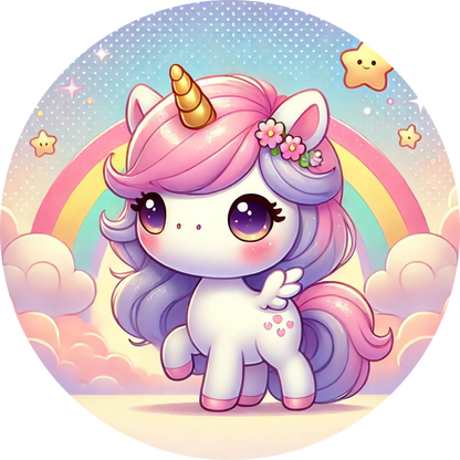 Cartoon-Einhorn mit Herzchen und buntem Regenbogen
