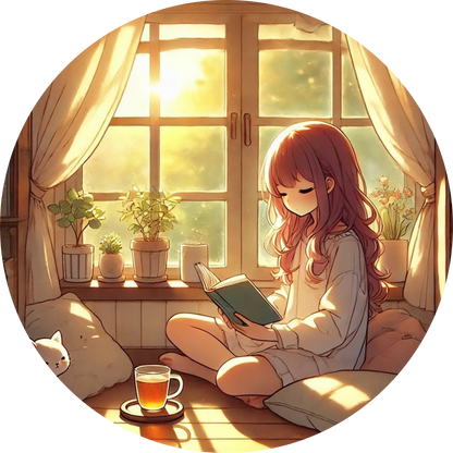 Mädchen liest Manga mit Tee am Fenster im cozy Alltagsstil