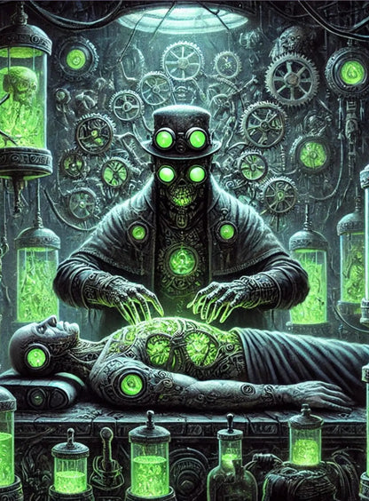 Mystische Cyborg-Gestalt in Meditationspose, umgeben von grünen Neonlichtern und dystopischer Technik.