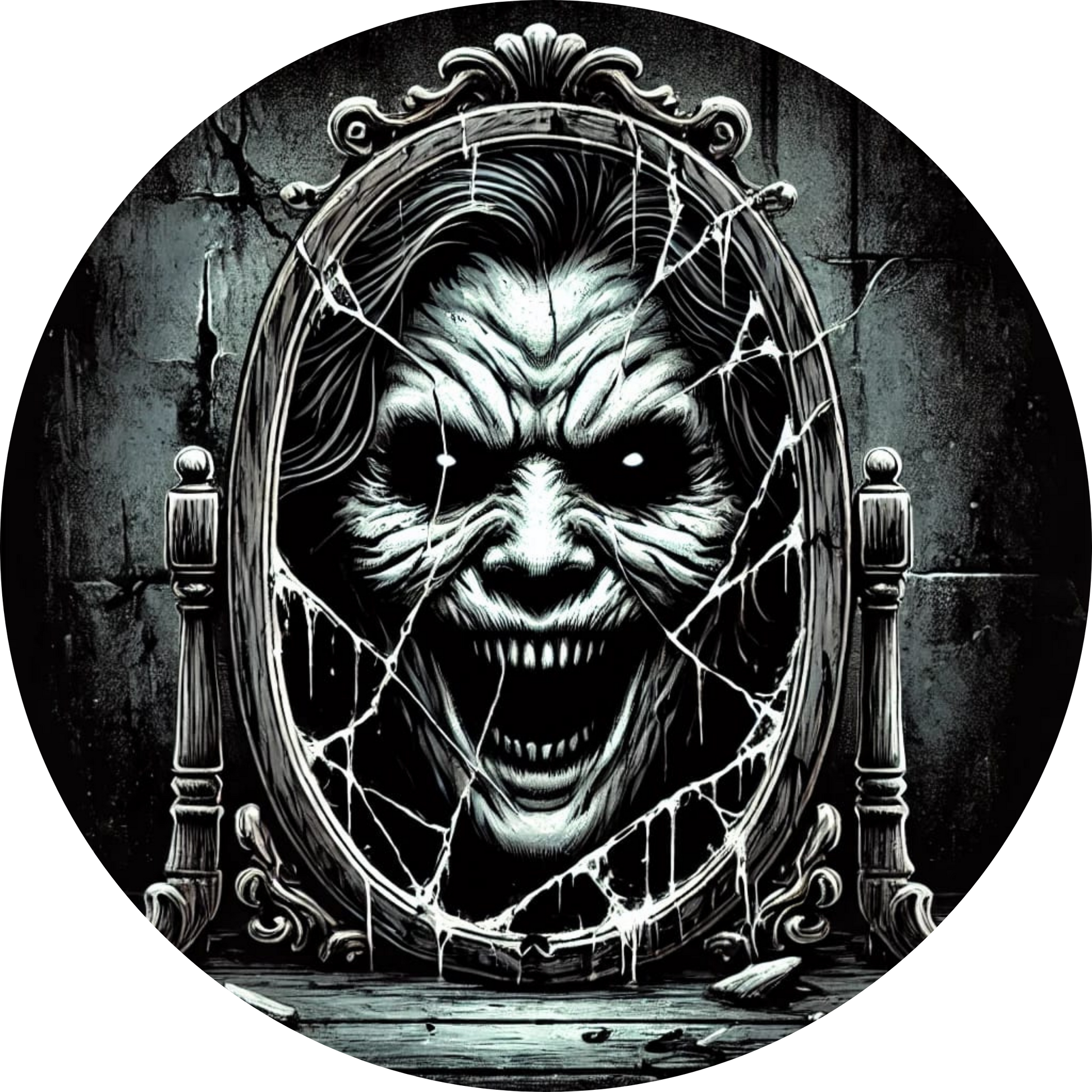 Finsteres Horror-Gesicht mit Fratze und mechanischen Details – in Schwarz-Weiß.