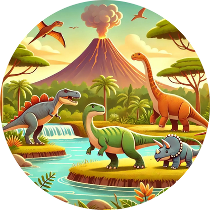 Fröhliche Dinos im Urwald mit Vulkan – in sanften Pastelltönen