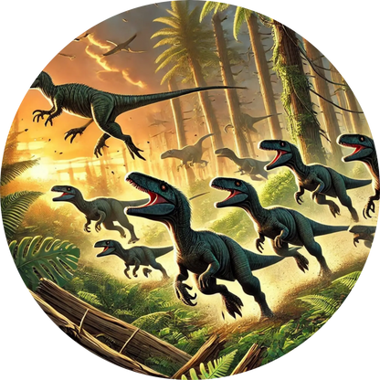 Dinoherde im Wald – Fluchtszene bei Sonnenlicht