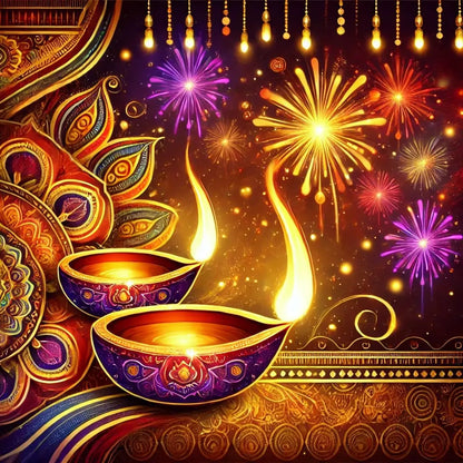 Diwali mit Diyas & Feuerwerk – Detailreiche Szene des indischen Lichterfests Diwali mit traditionellen Diyas (Öllampen), Mandalas und buntem Feuerwerk.