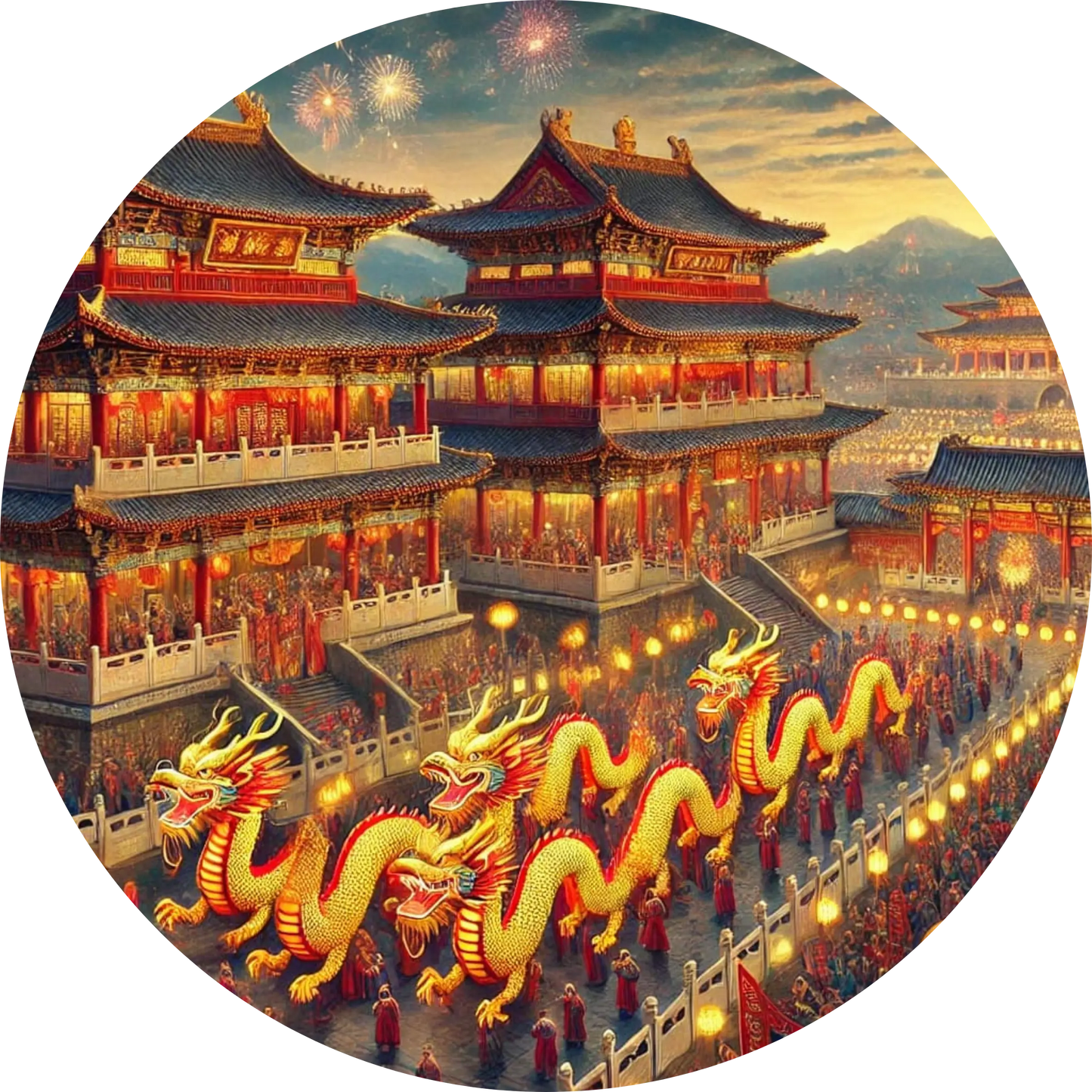 Drachenfest mit geschmücktem Palast und Lichterzug – chinesisches Neujahrsfest