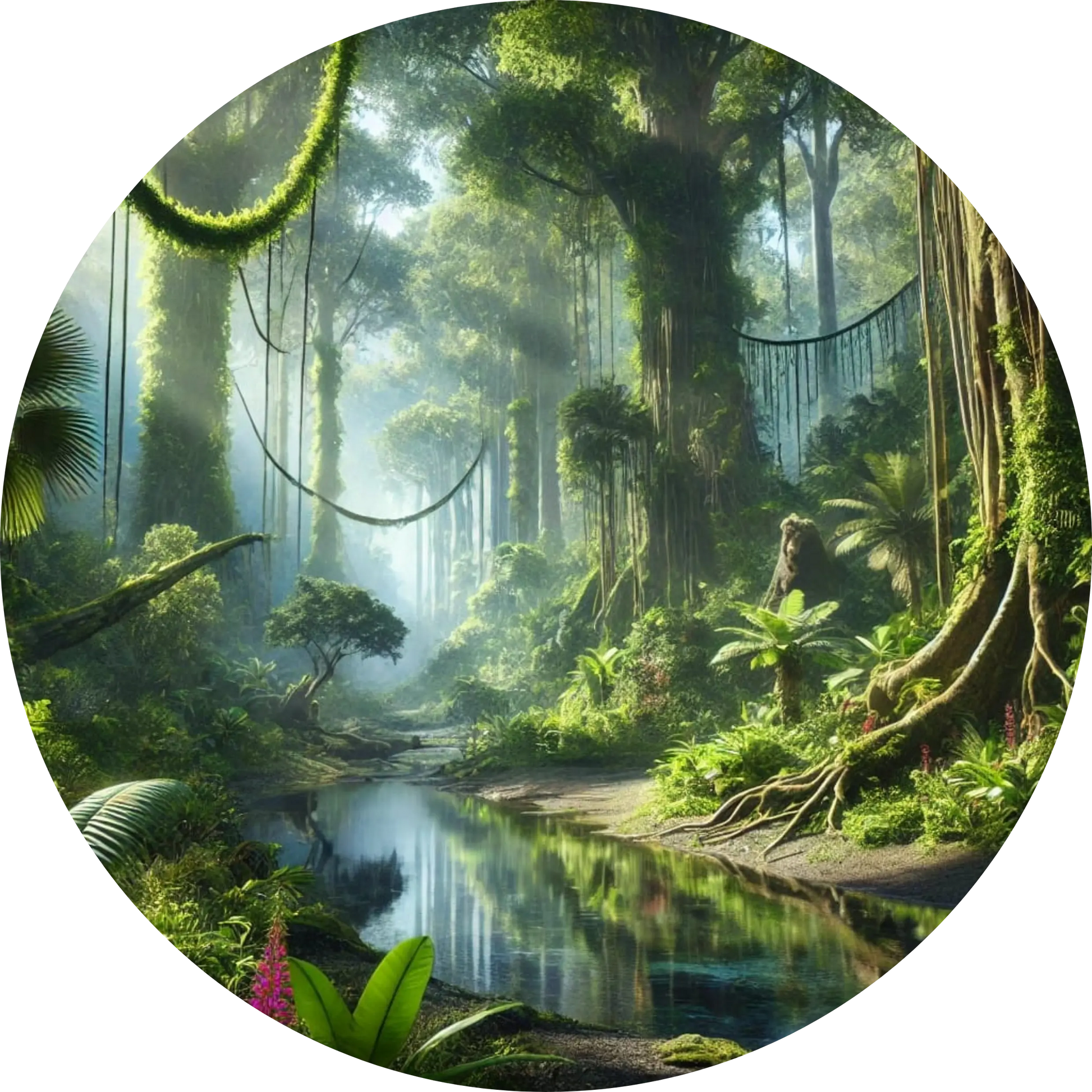 Dichter Urwald mit Lianen, großen Blättern und Sonnenstrahlen, die durch das dichte Blätterdach scheinen.