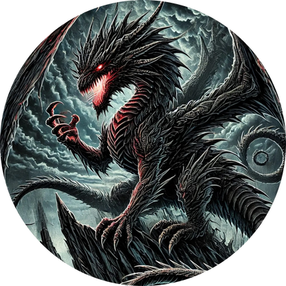 Dunkler Drache mit roten Augen in stürmischem Himmel