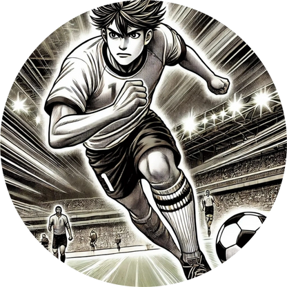Fußballspieler im Manga-Stil sprintet dynamisch über das Spielfeld