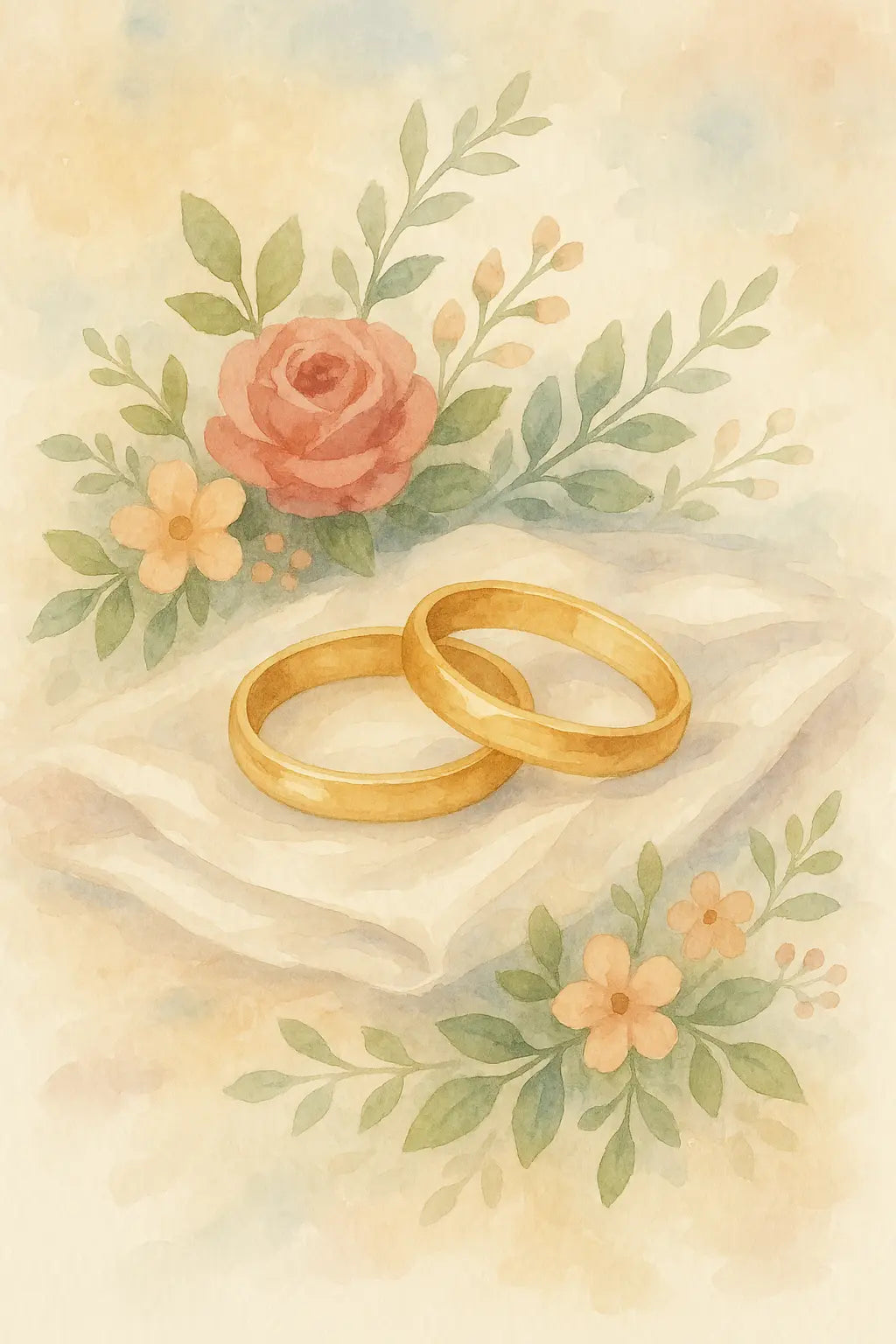 Zwei goldene Eheringe liegen auf einem weißen Stoff, umgeben von Blumen und zarten Aquarellblättern.