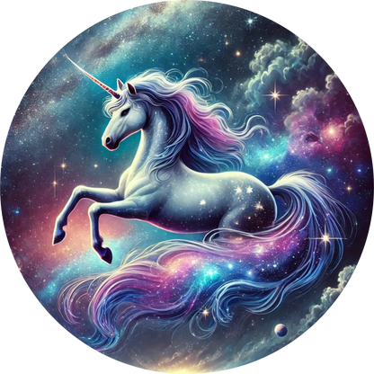 Schwebendes Einhorn in Traumlandschaft mit Glitzerstaub 