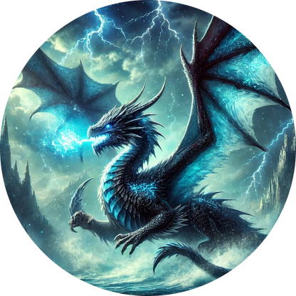 Eisdrache in Schneelandschaft mit glitzerndem Atem