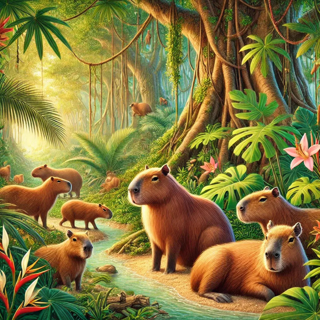 Familie von Capybaras im Regenwald mit vielen grünen Blättern