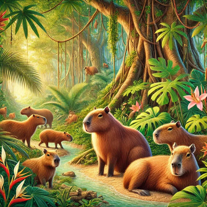 Familie von Capybaras im Regenwald mit vielen grünen Blättern