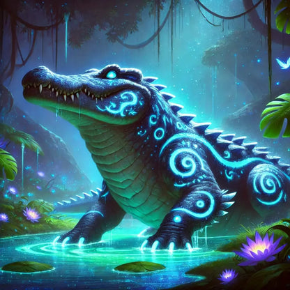 Fantasie-Alligator mit blauer Glut und Ornamenten