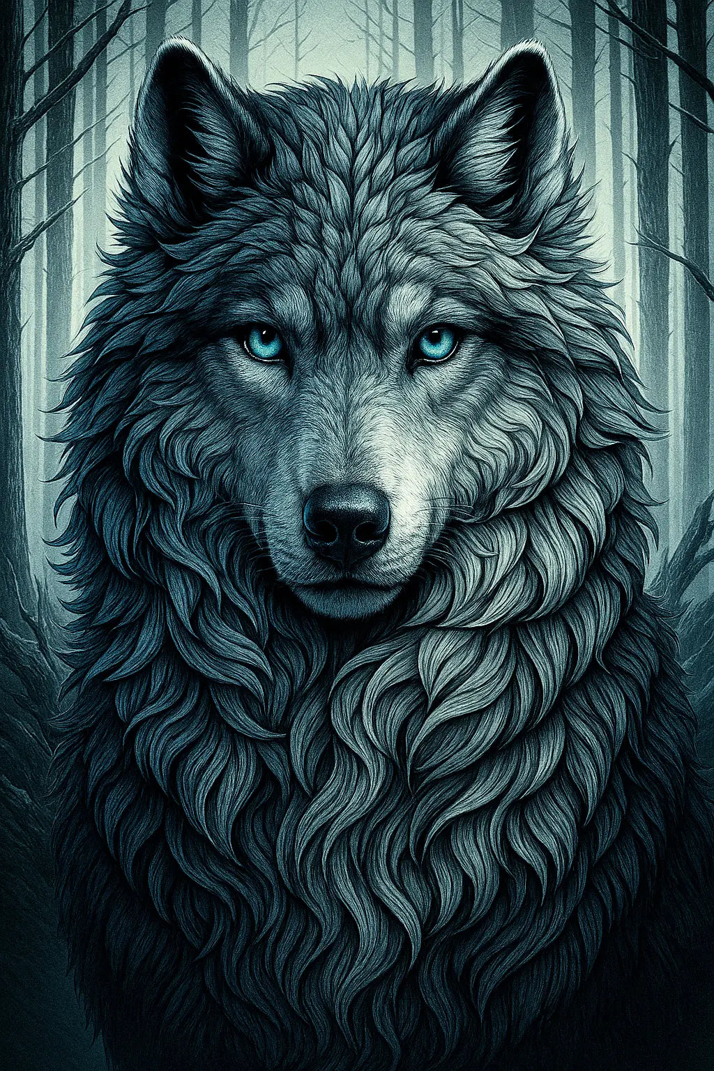 Grauer Wolf mit intensiven Augen in Fantasie-Stil