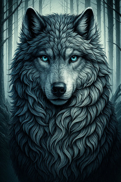 Grauer Wolf mit intensiven Augen in Fantasie-Stil