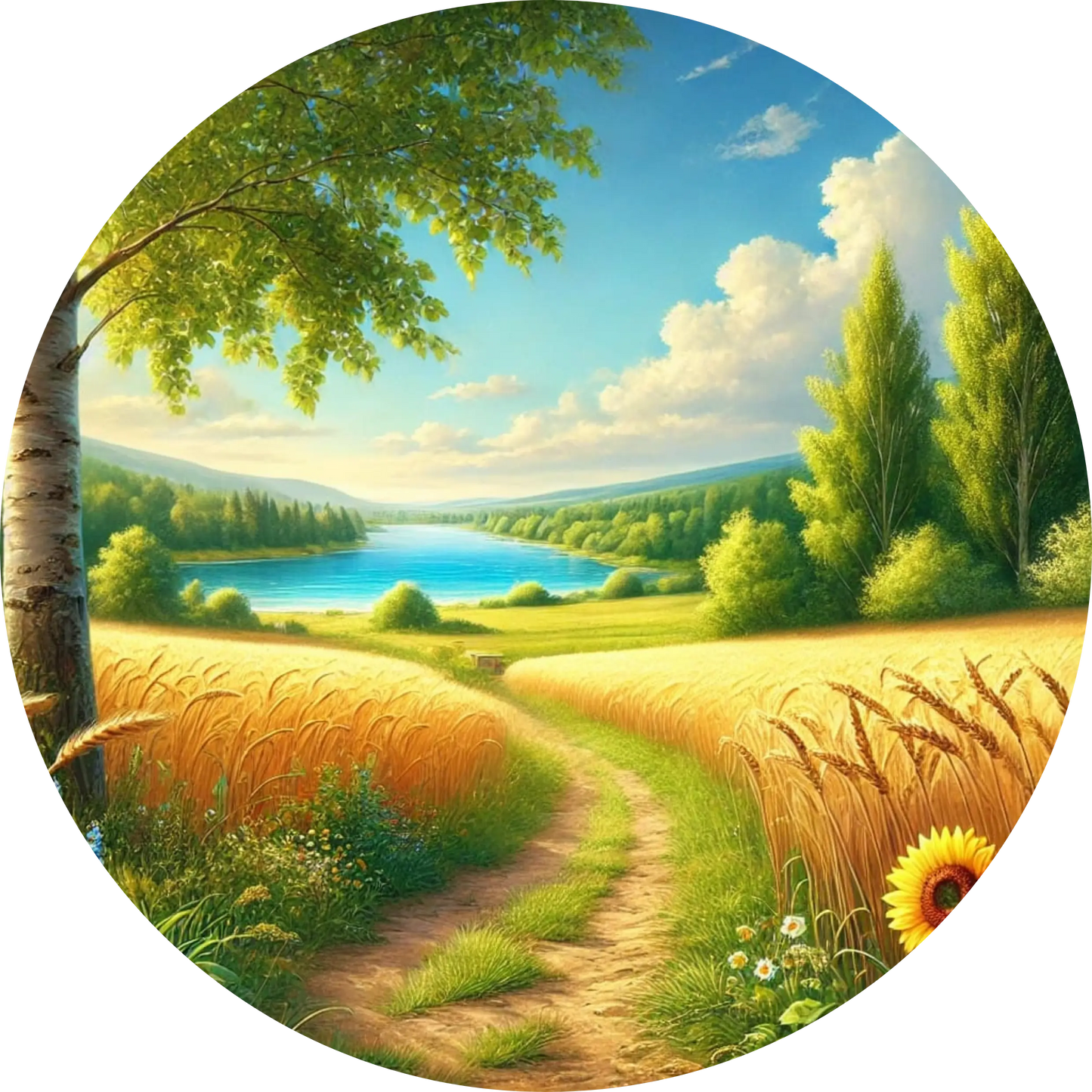 Sommerlandschaft mit Getreidefeldern, grünem Hügelpfad und weiter Sicht bis zum Horizont.