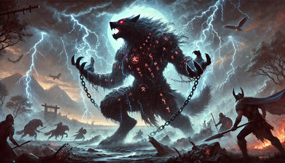 Gigantischer Fenriswolf in Ketten, bedeckt mit glühenden Runen, bricht aus seinem Gefängnis aus und verbreitet Chaos auf einem sturmumtosten Schlachtfeld – eine kraftvolle Szene aus der nordischen Mythologie, die Ragnarök symbolisiert.