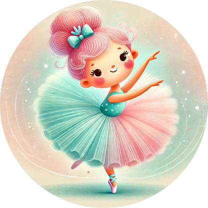 Fröhliche kleine Tänzerin in türkisfarbenem Tutu, springt auf glitzerndem Hintergrund – cartoonartig und verspielt