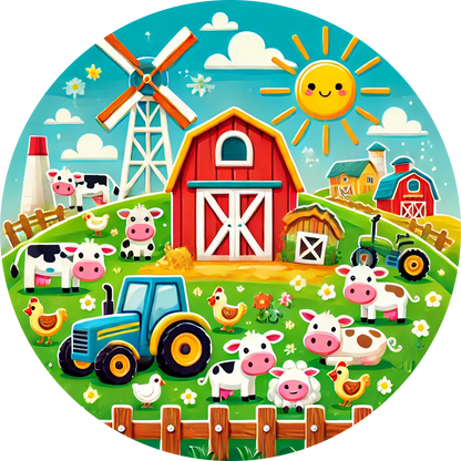 Bunte Bauernhofszene mit Traktor, Kühen, Hühnern und Tieren – Comic-Stil