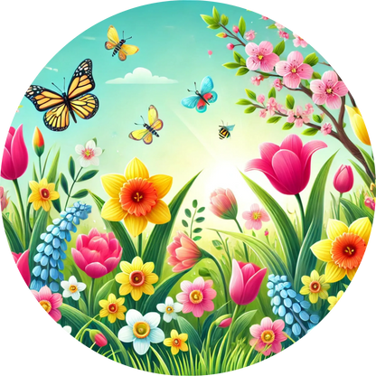 Verspieltes Frühlingsmotiv mit bunten Tulpen und Schmetterlingen