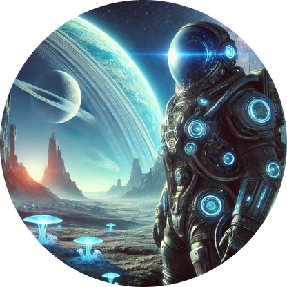 Astronaut auf einem fremden Planeten mit Raumschiff im Hintergrund